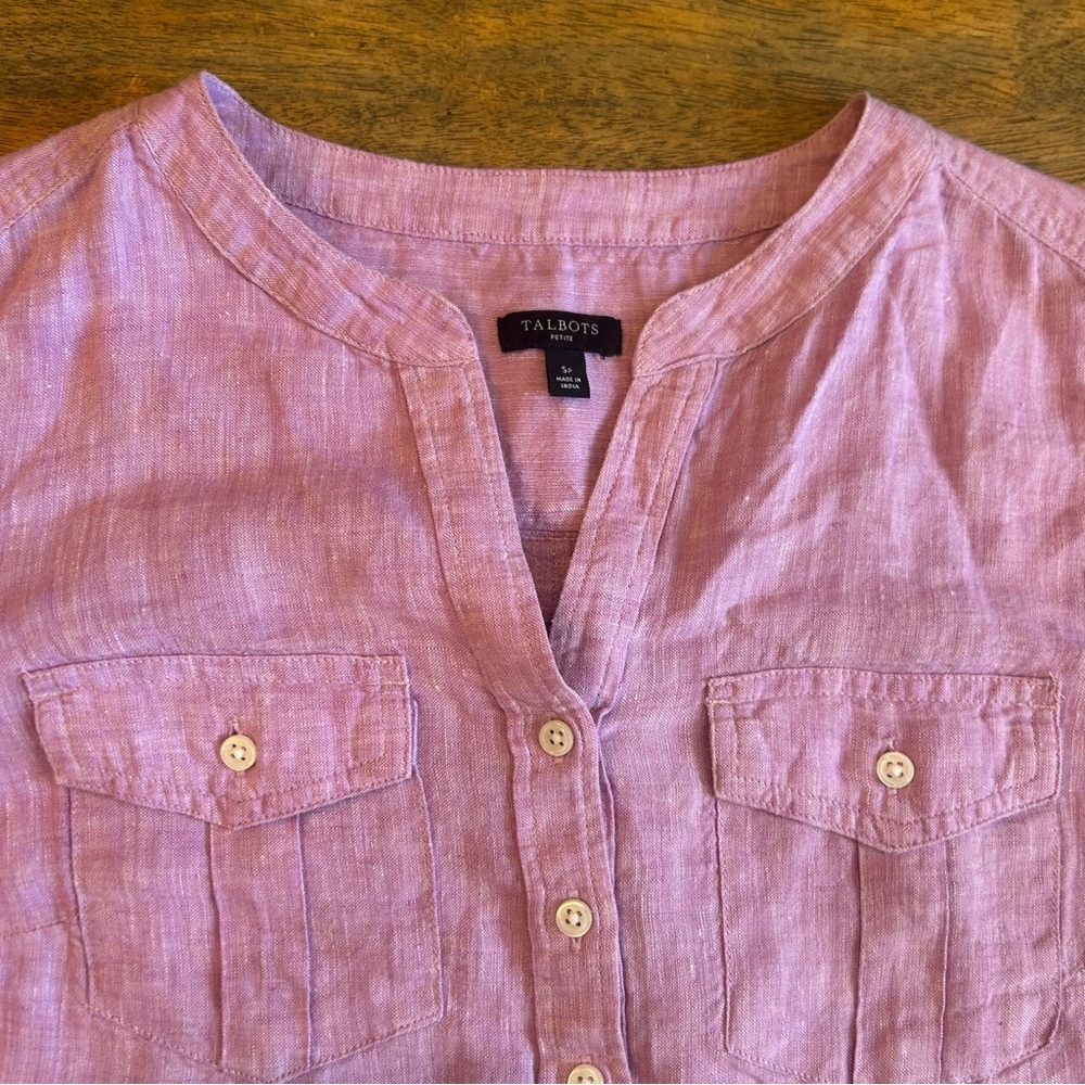 Talbots Women’s Petite Linen Henley Tops White & Lavender 2-Pack - Picture 3 of 7